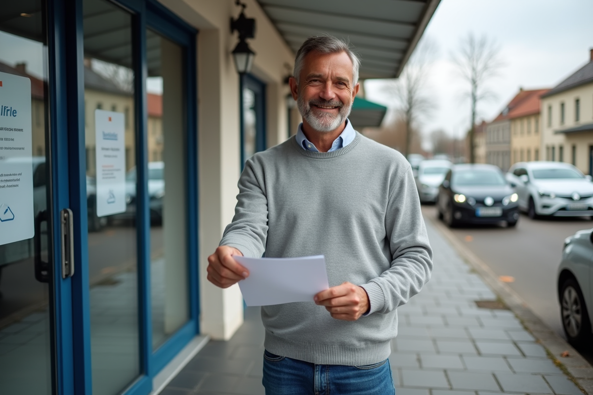Homme souriant échangeant documents devant sa voiture