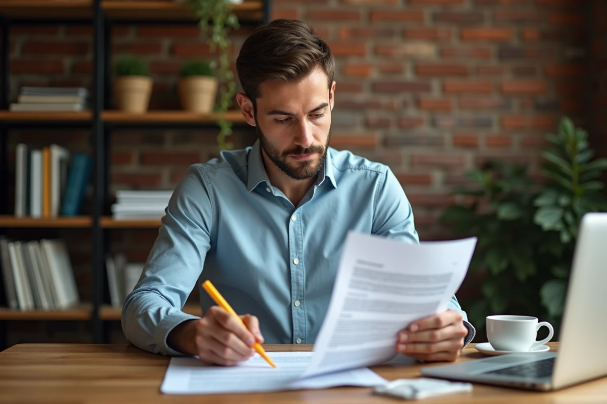 Homme travaillant à domicile en train d'annoter un PDF de cession de vente pour identifier les mentions légales obligatoires