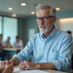 Homme d'âge moyen remettant des papiers à un agent administratif