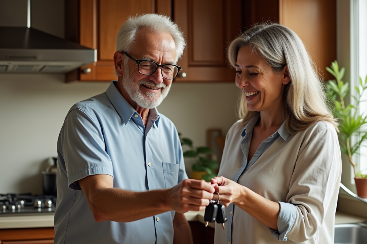 Homme âgé recevant ses clés de sa fille dans la cuisine