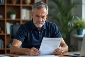 Homme examinant une carte grise française à son bureau, illustrant les démarches administratives pour une demi-exonération ou exonération totale de carte grise