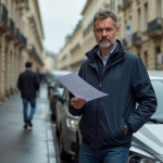 Homme français debout près de sa voiture en ville