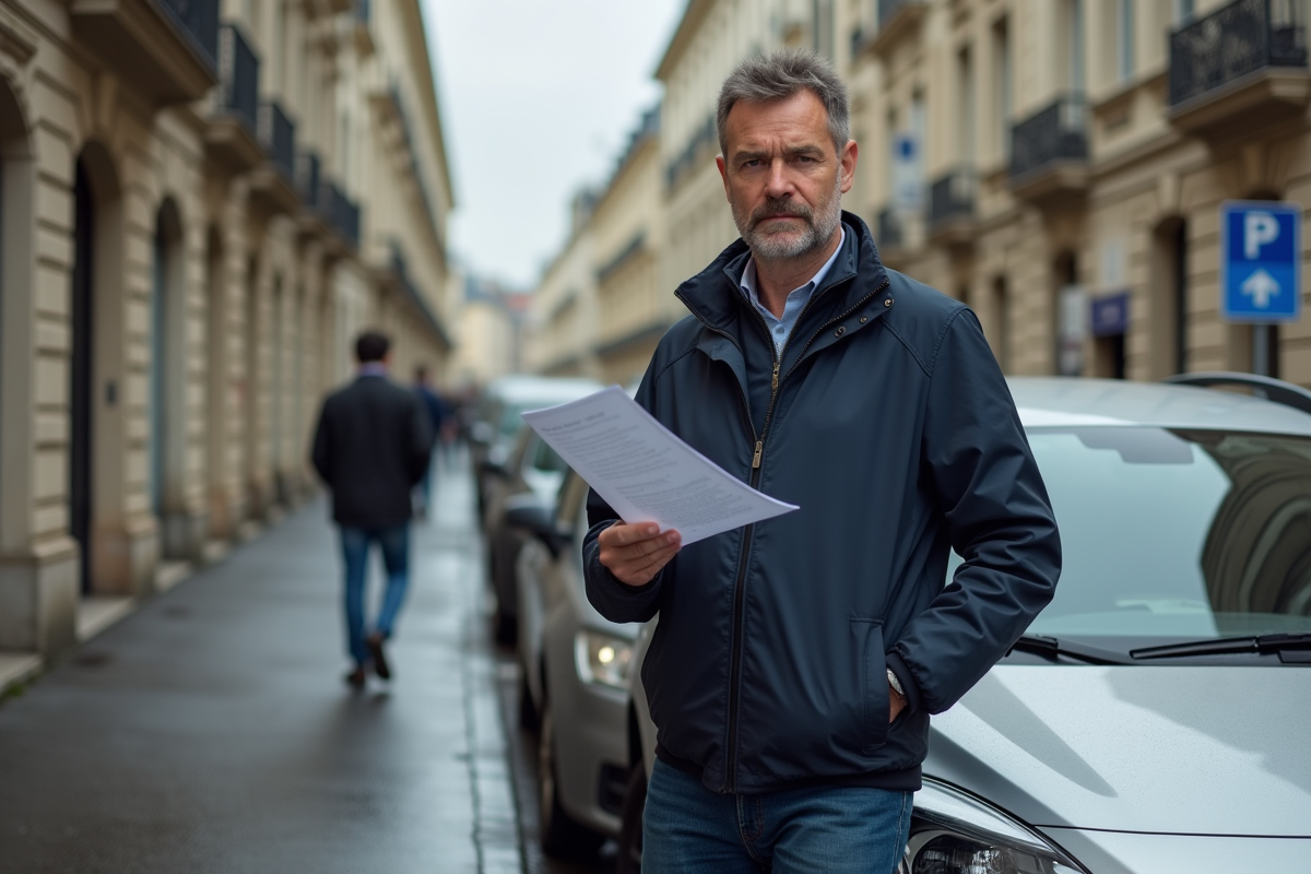 Homme français debout près de sa voiture en ville