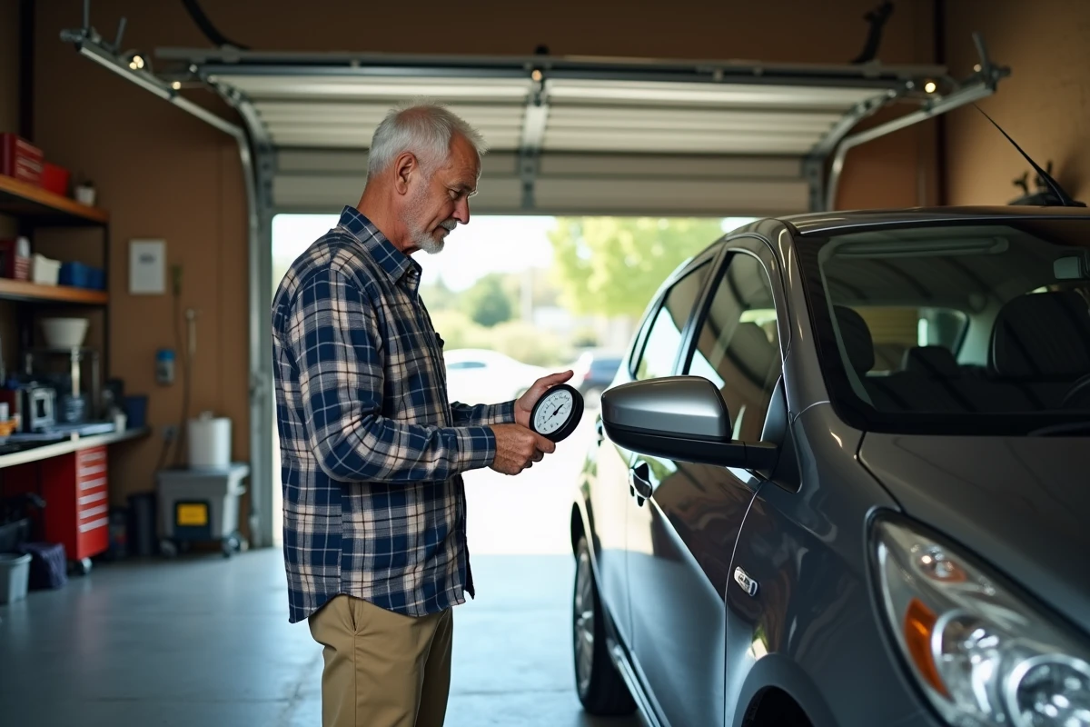 Homme âgé contrôlant la pression des pneus dans un garage