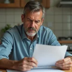 Homme d'âge moyen lisant un document officiel dans la cuisine