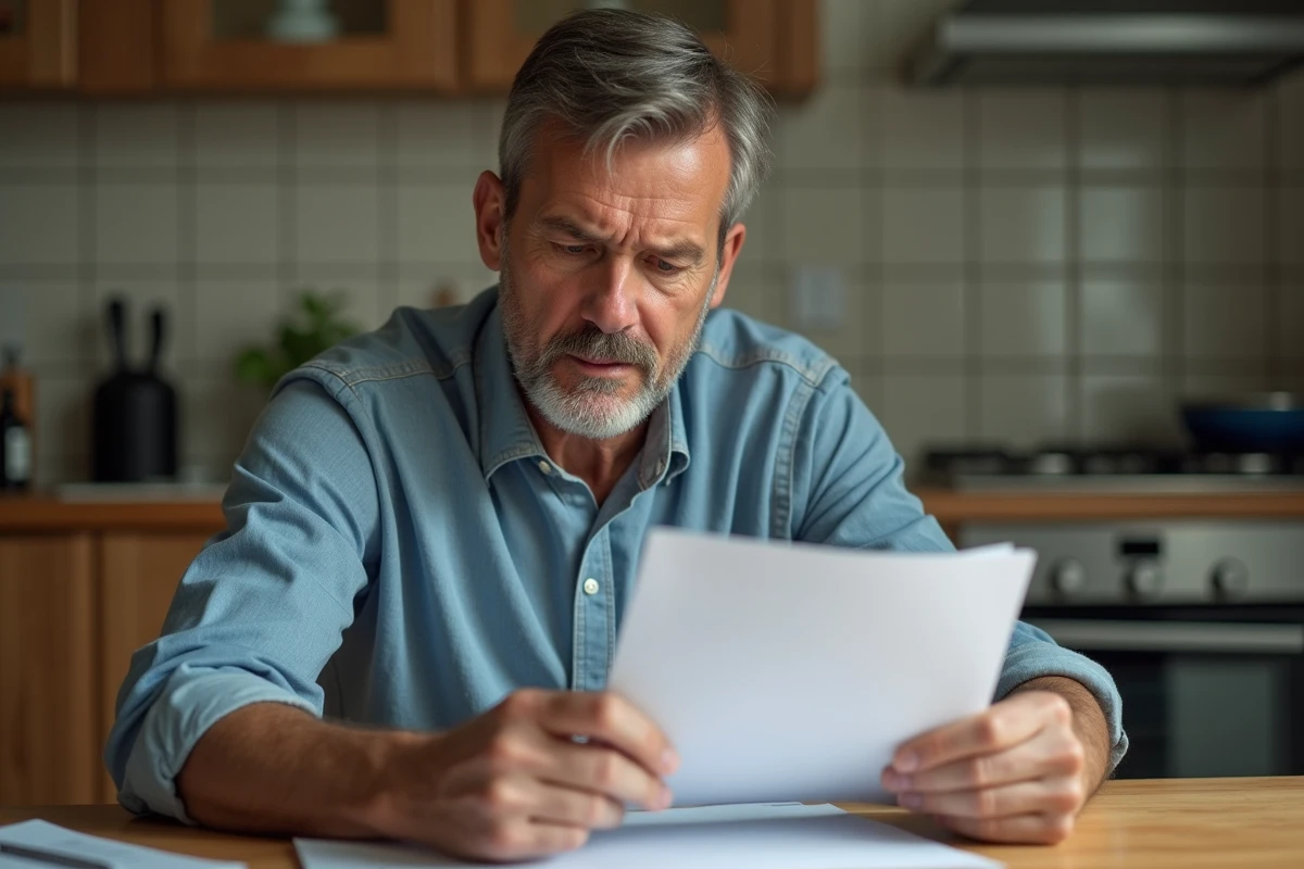 Homme d'âge moyen lisant un document officiel dans la cuisine