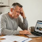Homme malussé stressé qui compare les prix d'assurance auto sur son ordinateur portable avec des documents éparpillés sur la table