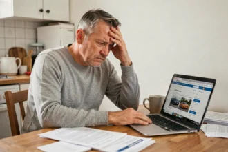 Homme malussé stressé qui compare les prix d'assurance auto sur son ordinateur portable avec des documents éparpillés sur la table