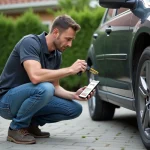 Homme mesurant un pneu de voiture avec un pied à coulisse