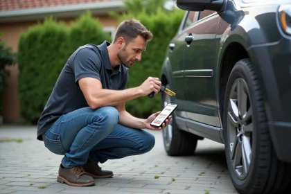 Homme mesurant un pneu de voiture avec un pied à coulisse
