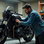 Homme d'âge moyen manœuvrant une moto noire dans un garage organisé