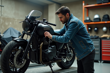 Homme d'âge moyen manœuvrant une moto noire dans un garage organisé