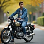Homme en denim sur une moto Kawa KZ 400 en extérieur