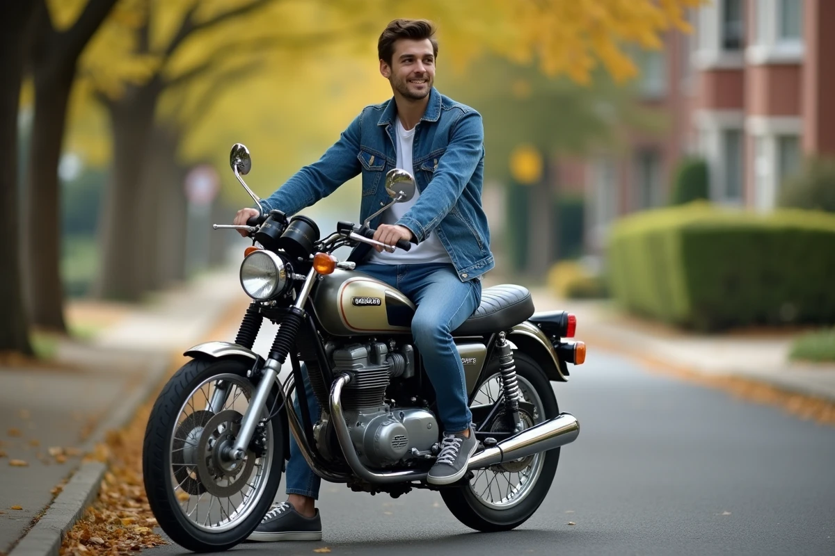 Homme en denim sur une moto Kawa KZ 400 en extérieur