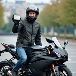 Homme souriant avec licence moto devant Yamaha R6 en ville