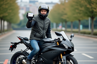 Homme souriant avec licence moto devant Yamaha R6 en ville