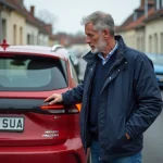 Homme motoriste regardant la plaque d'immatriculation rouge