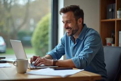 Homme souriant vérifiant des annonces de voitures d'occasion