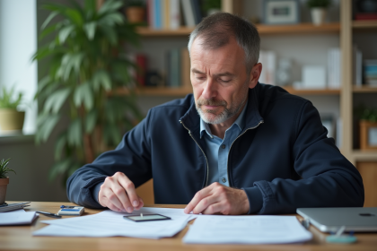 Homme d'âge moyen triant des documents dans un bureau moderne