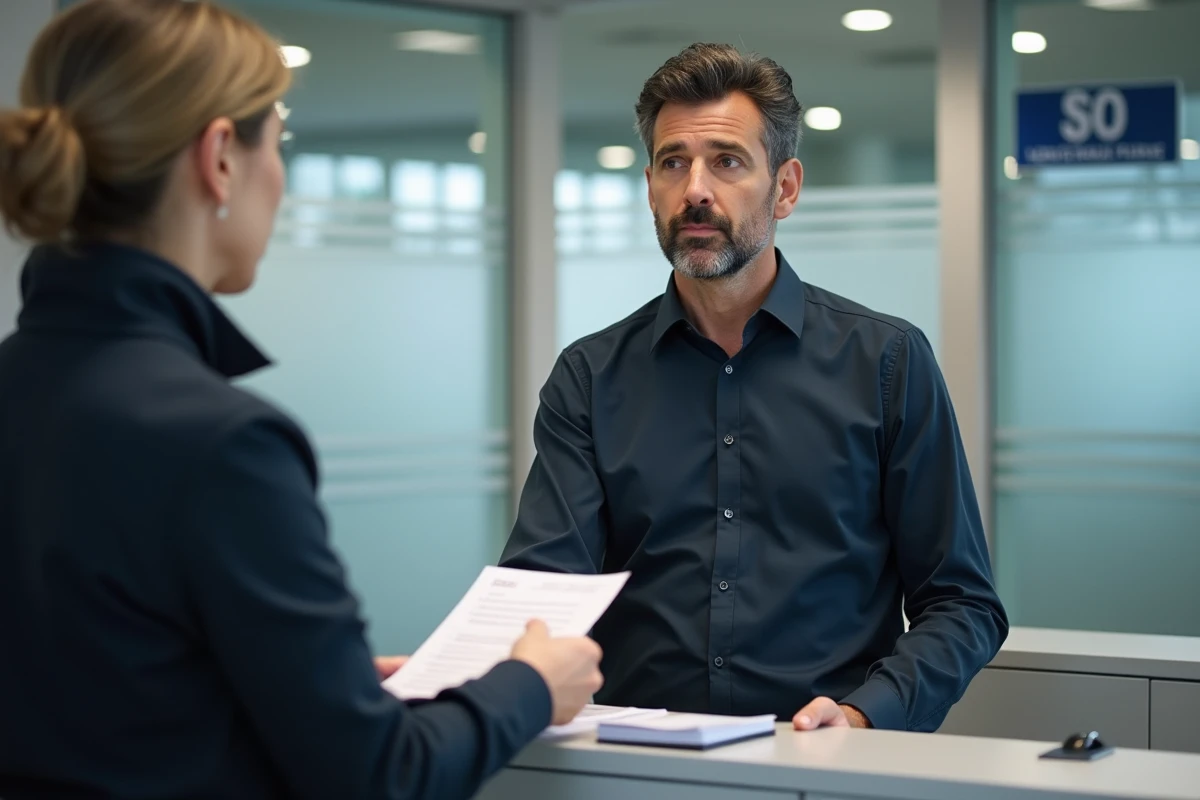 Homme déposant une carte grise en préfecture pour corriger une erreur de nom lors du changement de titulaire