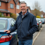 Homme d'âge moyen changeant sa plaque d'immatriculation