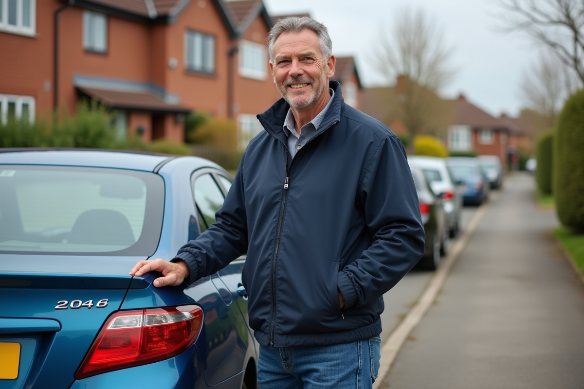 Homme d'âge moyen changeant sa plaque d'immatriculation