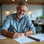 Homme d'âge moyen remplissant un formulaire d'immatriculation dans un bureau moderne