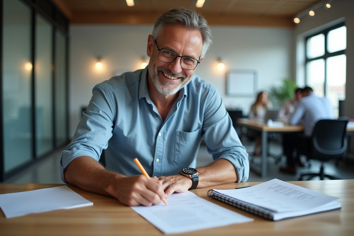 Homme d'âge moyen remplissant un formulaire d'immatriculation dans un bureau moderne