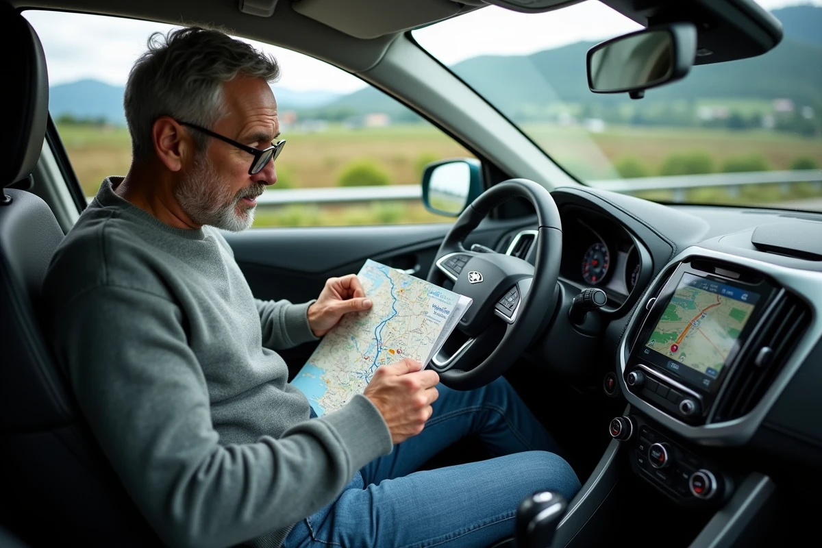 Homme regardant la carte et GPS dans la voiture