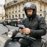 Homme en scooter noir consultant son assurance scooter tout risque sur smartphone dans une rue parisienne