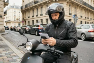 Homme en scooter noir consultant son assurance scooter tout risque sur smartphone dans une rue parisienne