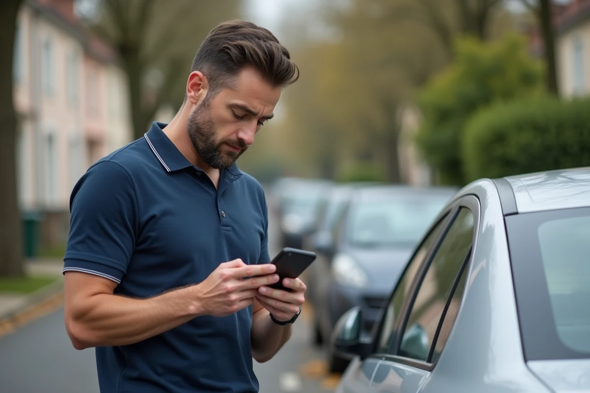 Homme tenant un smartphone avec une application de comparaison d'assurance auto devant sa voiture garée dans une rue résidentielle française