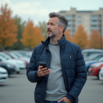 Homme d'âge moyen avec smartphone dans une ville