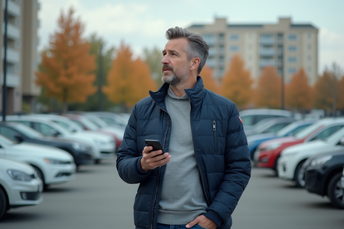 Homme d'âge moyen avec smartphone dans une ville