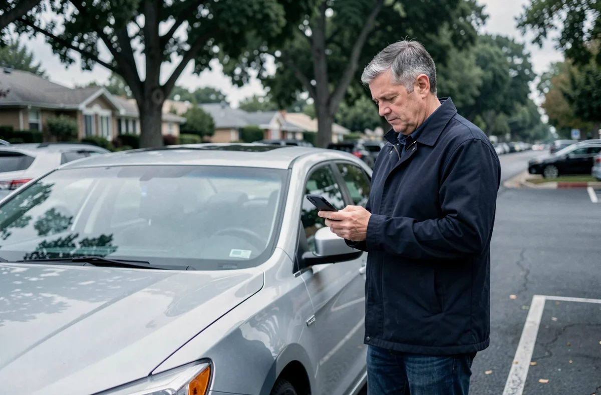 Homme consultant son téléphone sur le changement d'assurance auto devant sa voiture