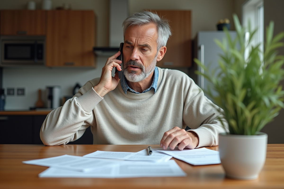 Homme d âge moyen parle au téléphone avec lettre d assurance accident