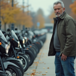 Homme d'âge moyen examinant des motos dans un parking urbain