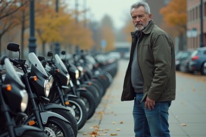 Homme d'âge moyen examinant des motos dans un parking urbain