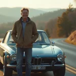 Homme souriant près d'une BMW CSL vintage sur route rurale