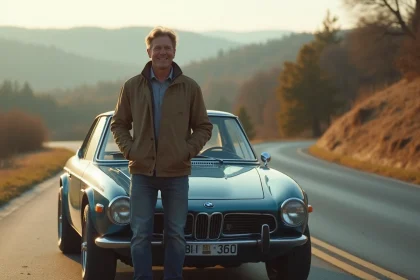 Homme souriant près d'une BMW CSL vintage sur route rurale