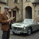 Homme d'âge moyen examinant un papier près d'une voiture ancienne