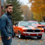 Homme barbu devant une Ford Camaro SS de 1969