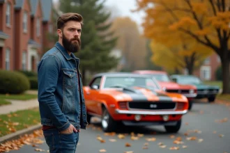 Homme barbu devant une Ford Camaro SS de 1969
