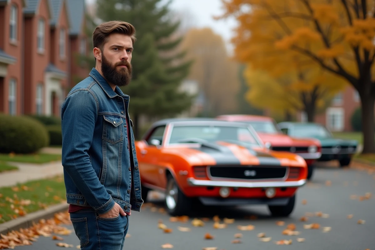 Homme barbu devant une Ford Camaro SS de 1969