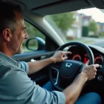 Homme regardant le tableau de bord de sa voiture avec alerte frein