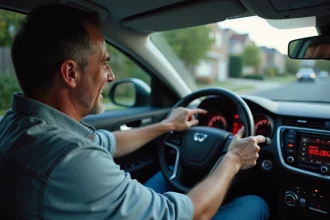 Homme regardant le tableau de bord de sa voiture avec alerte frein