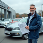 Homme d'âge moyen avec voiture en concession allemande