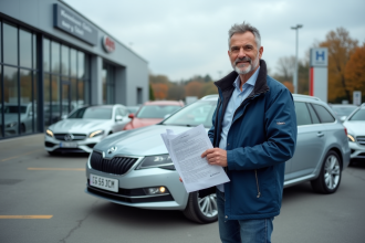 Homme d'âge moyen avec voiture en concession allemande