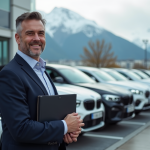 Homme daffaires parlant avec un vendeur de voitures en Suisse