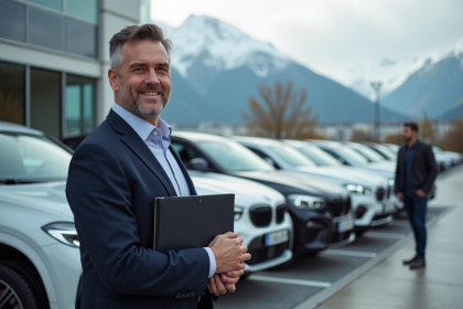 Homme daffaires parlant avec un vendeur de voitures en Suisse